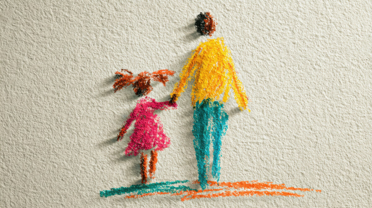 Colourful crayon drawing of an adult and child holding hands